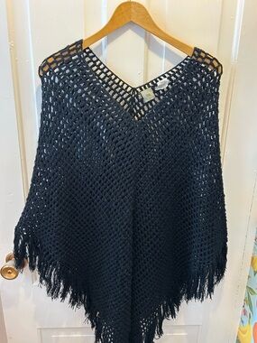 Black Crochet Fringe V-Neck Poncho Sweater